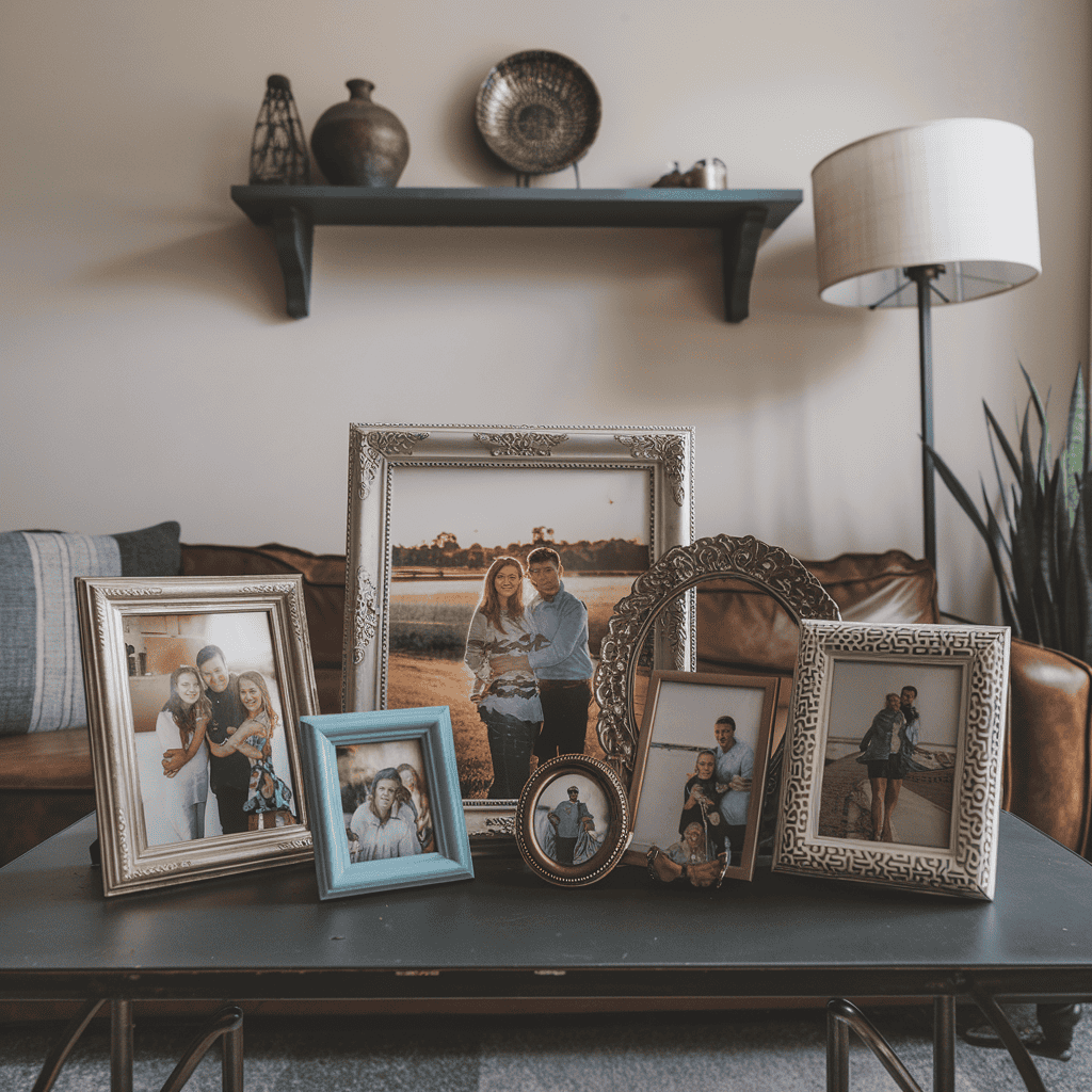 A coffee table adorned with a variety of stylish family photo frames.