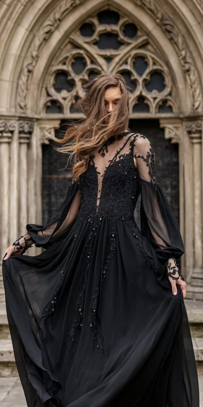 Free-spirited Gothic Wedding Dress featuring flowing black chiffon and vintage-inspired lace details