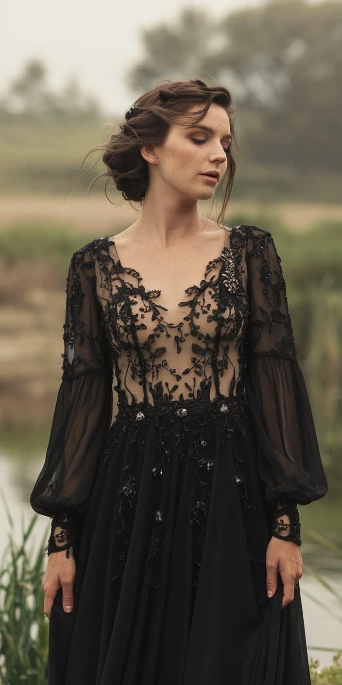 Gothic Wedding Dress with long, billowing sleeves and crystal embellishments for a bohemian bridal vibe