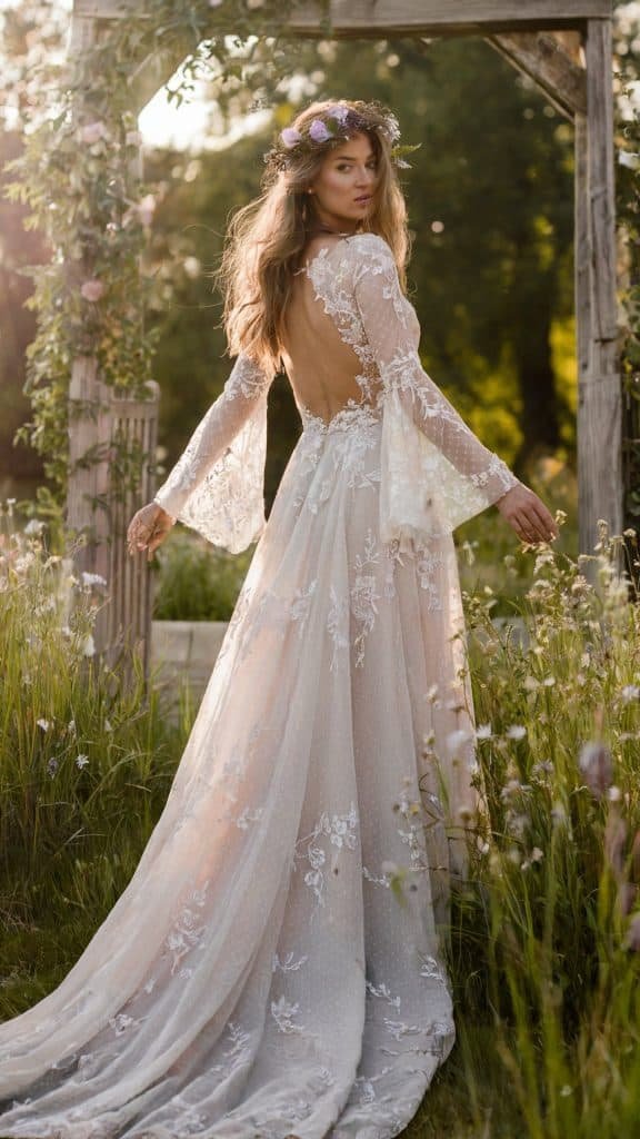 Bride in a flowing boho-inspired long sleeve wedding dress, surrounded by wildflowers.

