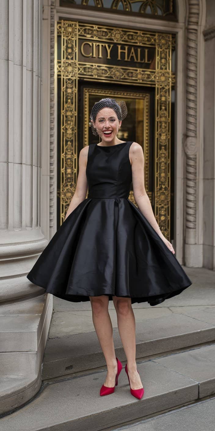 Modern black cocktail dress styled with bold red heels, perfect for city hall weddings.