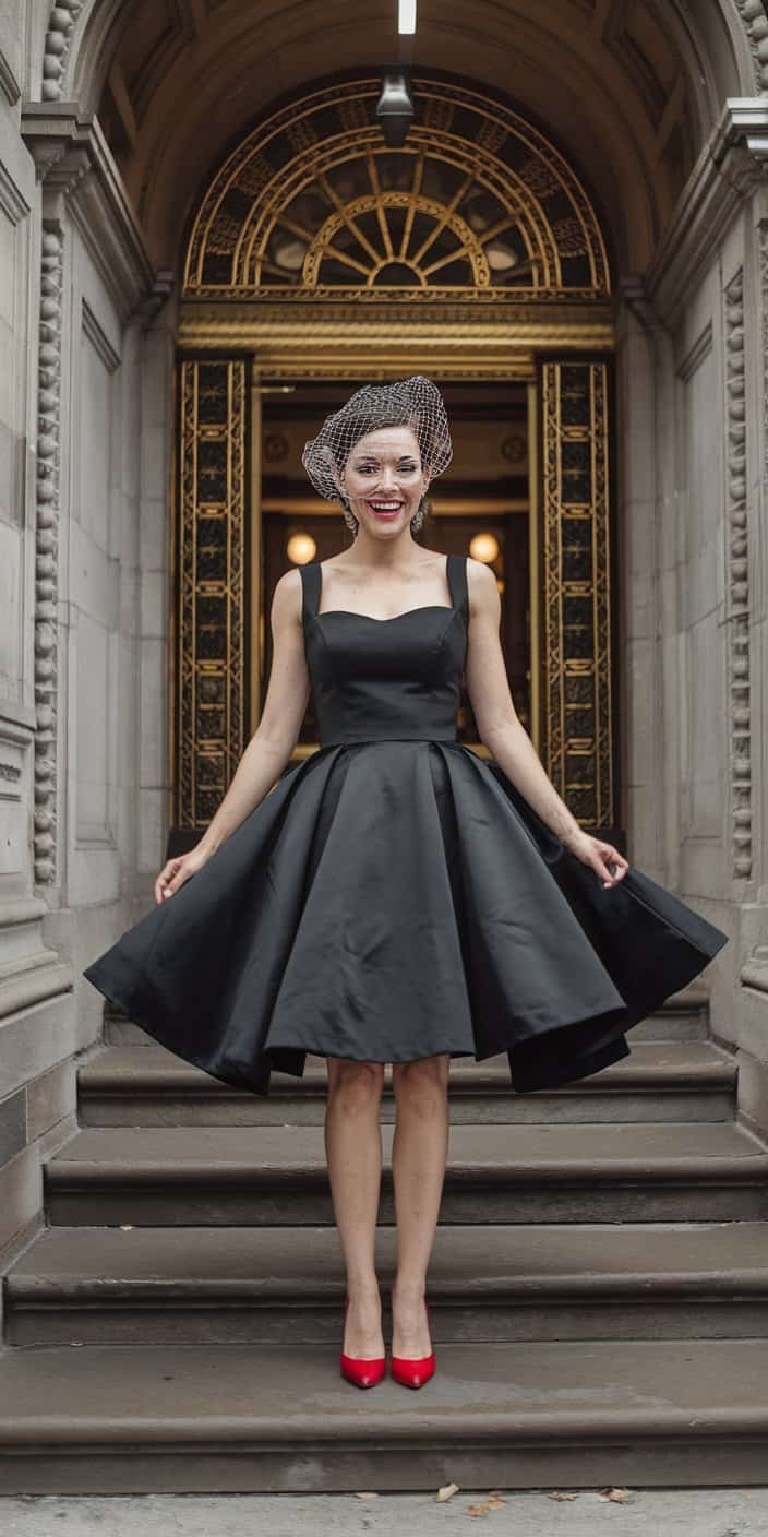 Bride posing in an above-the-knee black wedding dress paired with fun and flirty accessories.