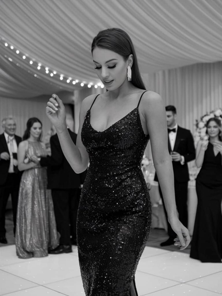 Resplendent black sequin sheath encapsulates Black Tie Wedding Guest Dresses with its striking design.
