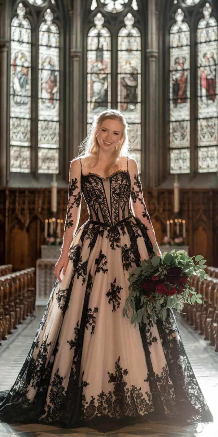 Happy bride wearing a corset bodice black lace dress, standing in a grand cathedral illuminated by stained-glass windows.