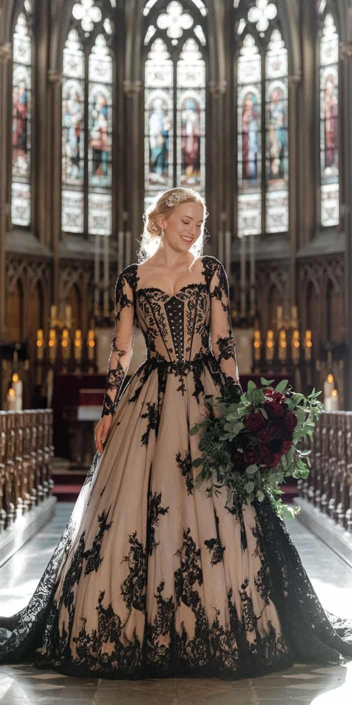 Bride in a gothic-inspired black lace wedding gown with intricate lace details and a dramatic cathedral train.