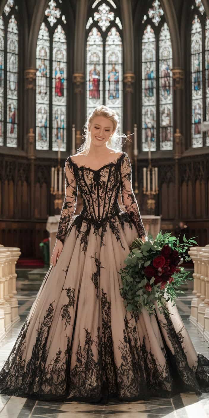 Close-up of black lace wedding dress featuring Victorian-inspired lace accents, perfect for a gothic wedding.
