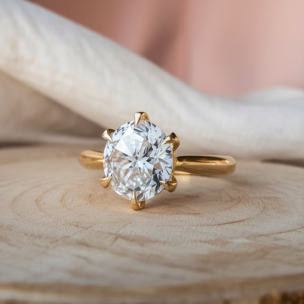 A beautifully crafted Tiffany setting ring, showcasing the diamond elevated by six prongs, with a polished gold band. The image captures the elegance of traditional bridal jewelry.