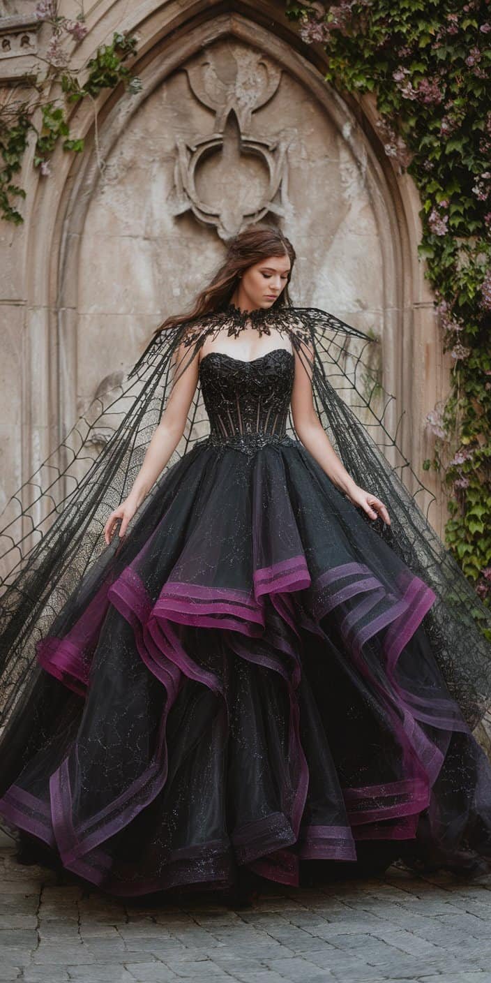 Gothic Wedding Dress with layers of black and deep purple tulle, perfect for a fairytale-inspired gothic wedding
