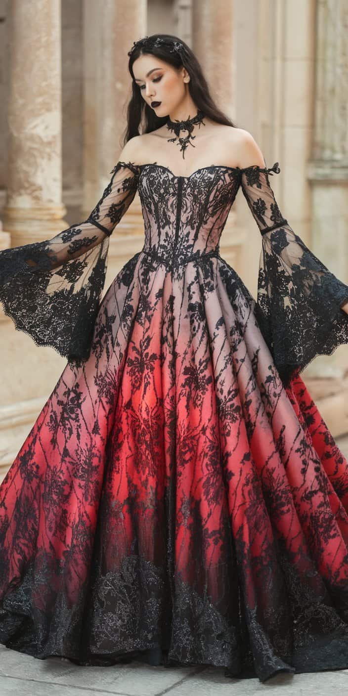 Gothic Wedding Dress with red and black ombré effect, blending timeless bridal elegance with dark romance