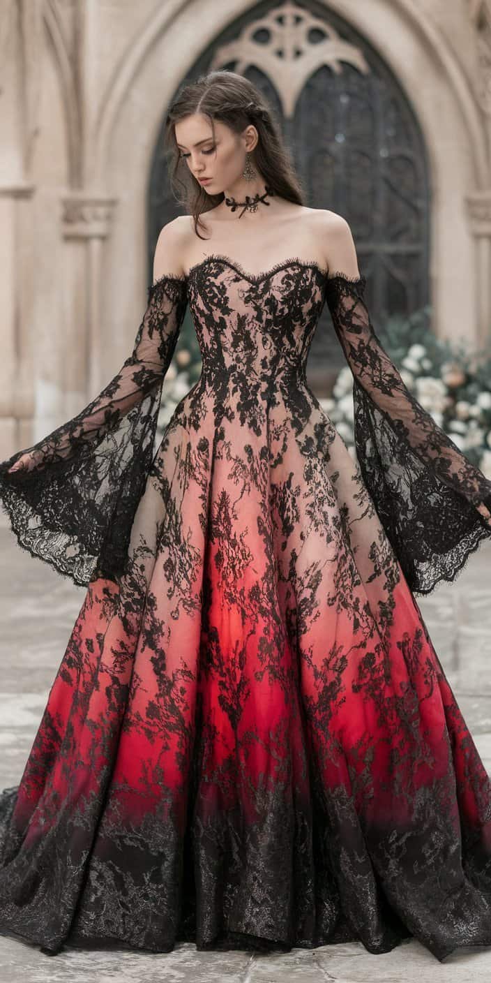 Romantic Gothic Wedding Dress with a flowing A-line silhouette and delicate lace accents for a gothic bridal affair.