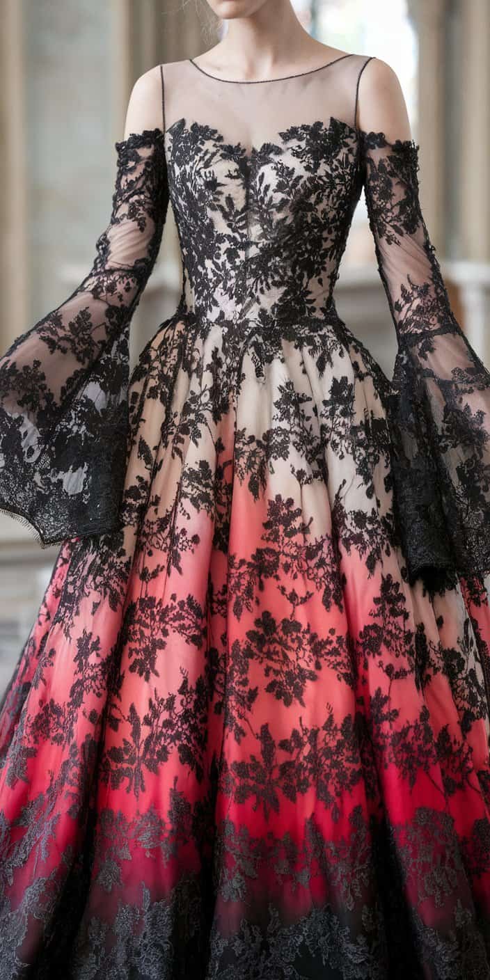 Elegant Gothic Wedding Dress featuring bell sleeves and metallic thread details for a gothic twist on classical bridal wear