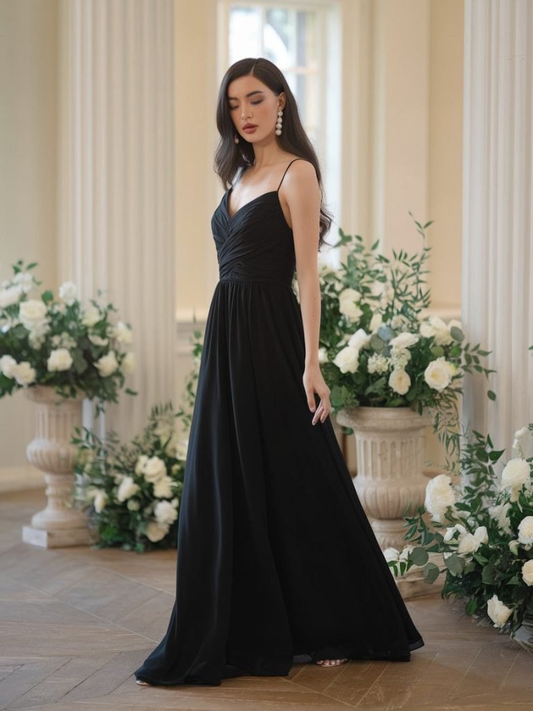 Black Tie Wedding Guest Dress featuring a delicate black chiffon design for a romantic evening.
