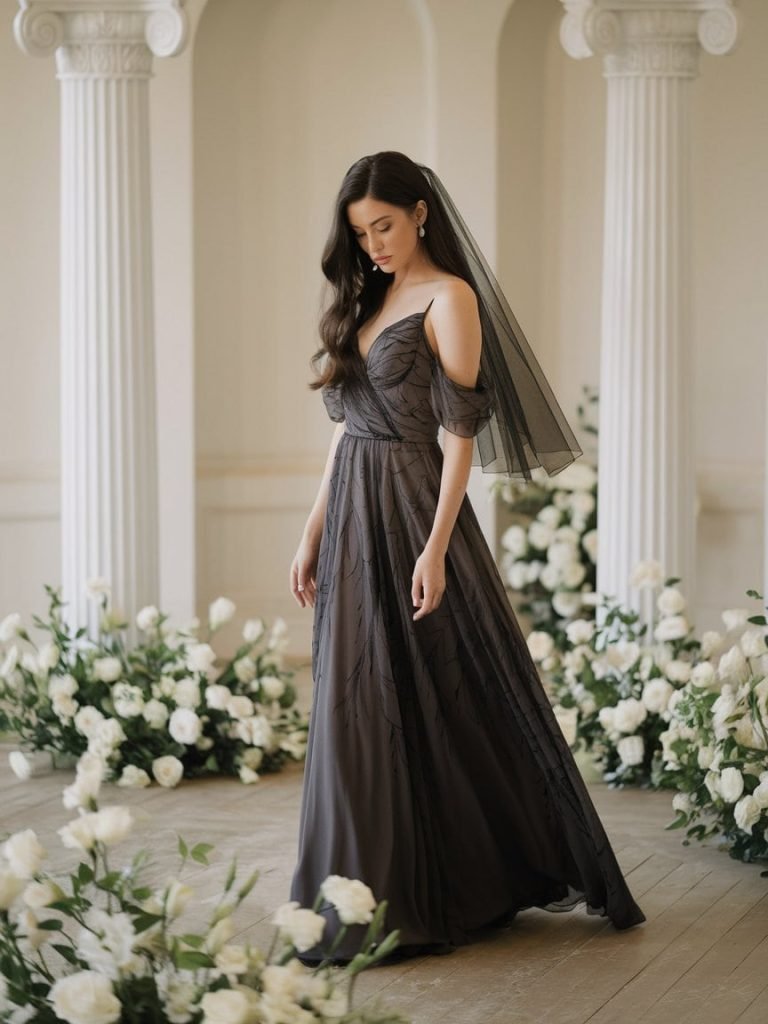 Elegant black chiffon gown offers a light and airy take on Black Tie Wedding Guest Dresses.
