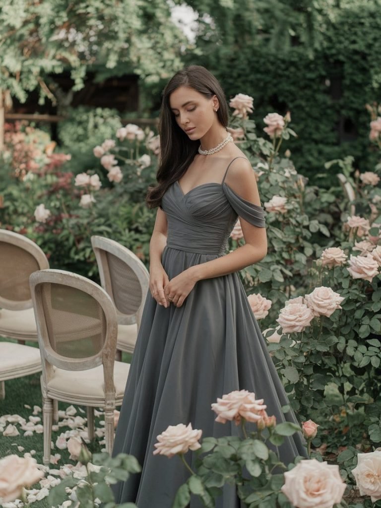 Ethereal Black Tie Wedding Guest Dress with a soft and flowing black chiffon gown.

