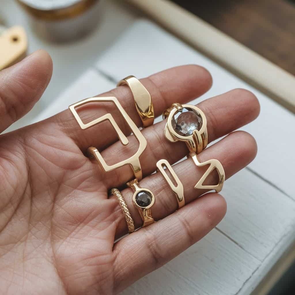 An asymmetrical gold ring design featuring a split band and a prominent gemstone, positioned against a minimalistic backdrop to emphasize its innovative style.