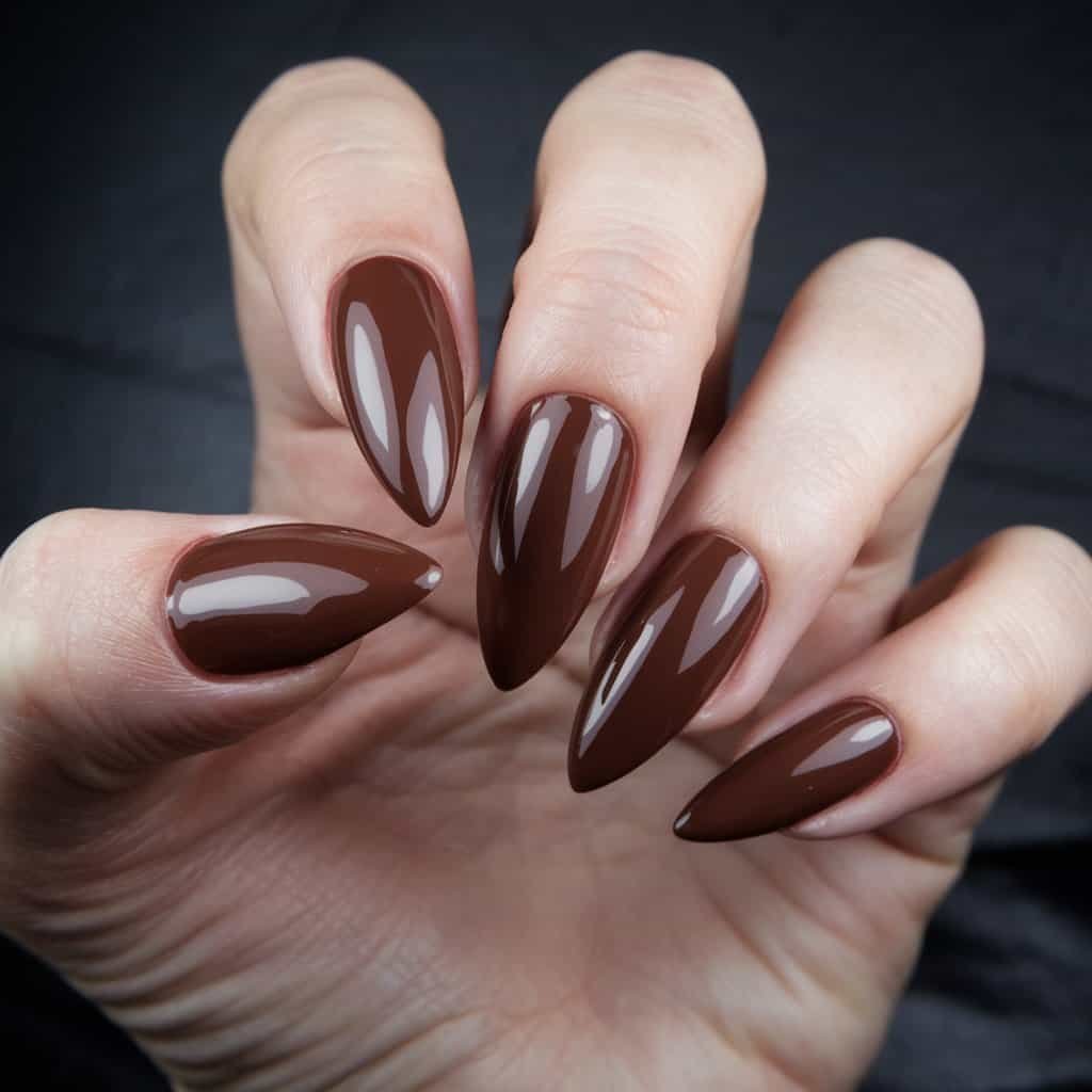 Elegant Rich Chocolate Nude Nail manicure in a bold stiletto shape, perfect for evening wear