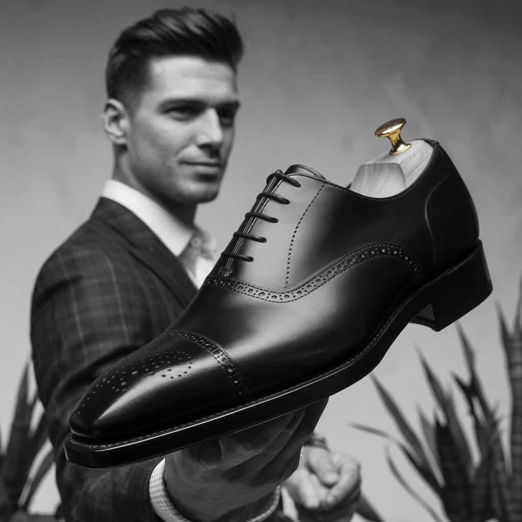 A close-up of elegant men's black dress shoes, showcasing a polished pair of Oxford shoes with intricate stitching and premium leather. The image emphasizes the craftsmanship and classic design, perfect for formal occasions.
