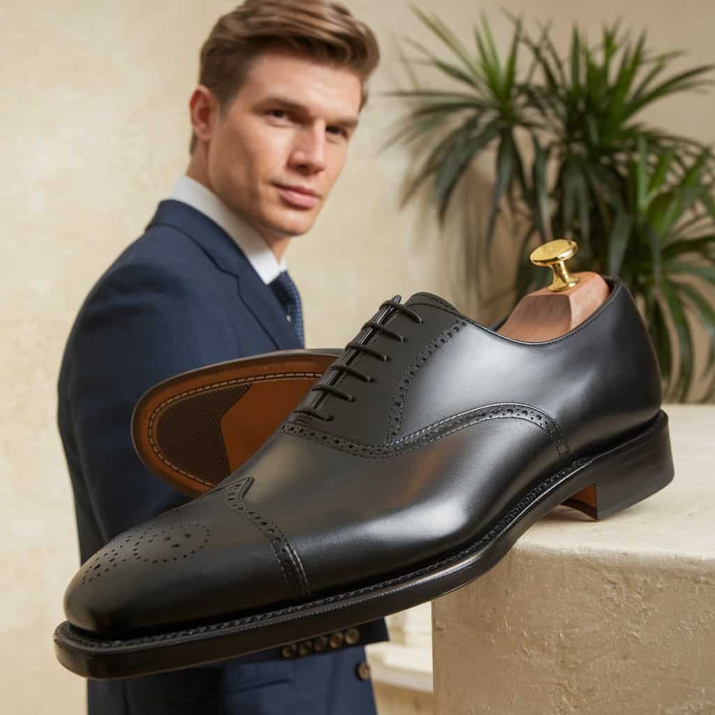 A stylish man wearing men's black dress shoes in the form of sleek Oxford shoes. The outfit features tailored trousers and a crisp white shirt, capturing a sophisticated business look ideal for the modern professional.