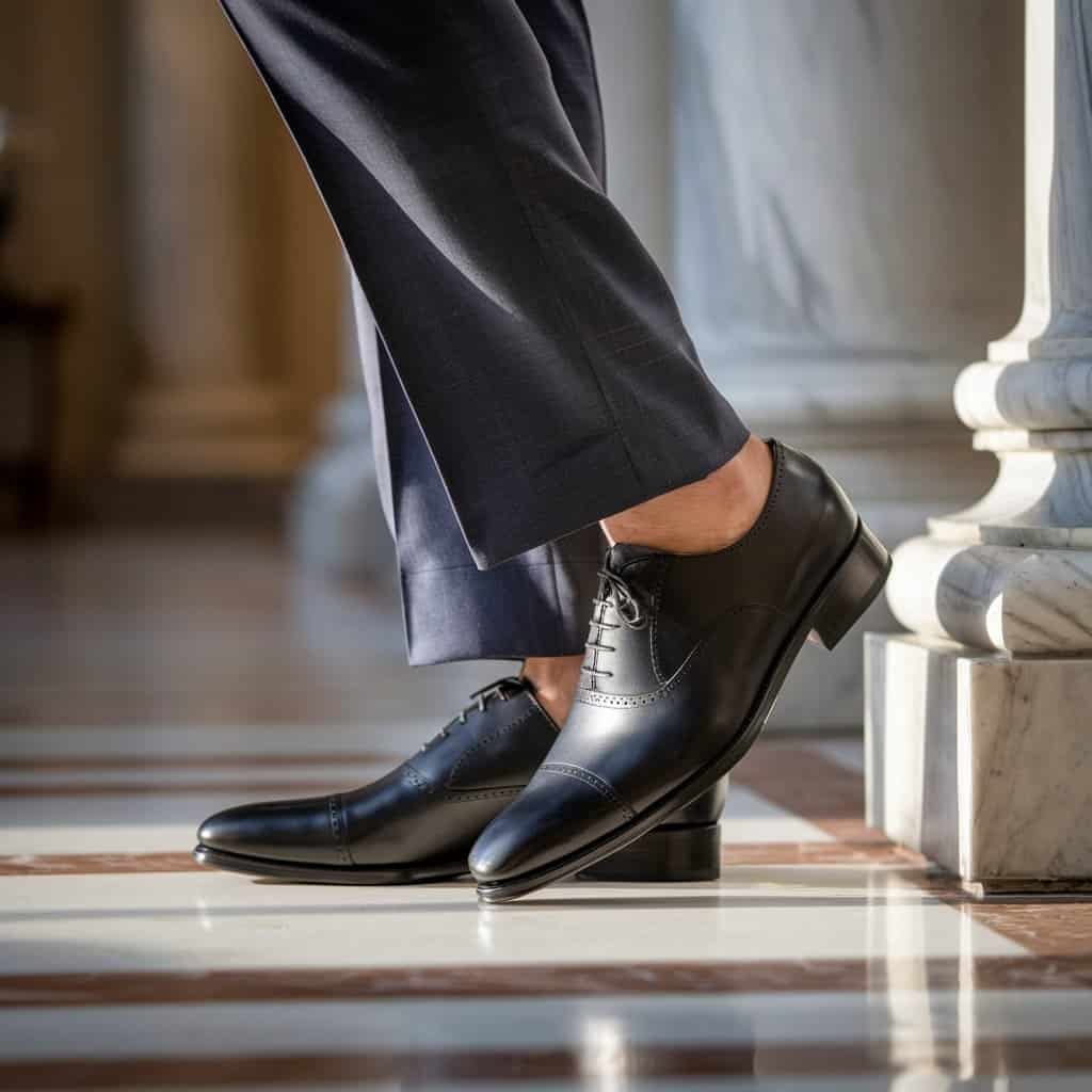 A handsome man confidently walking in men's black dress shoes, specifically Oxford shoes, paired with a tailored suit. The background is a vibrant city street, emphasizing the versatility and style of these classic dress shoes.