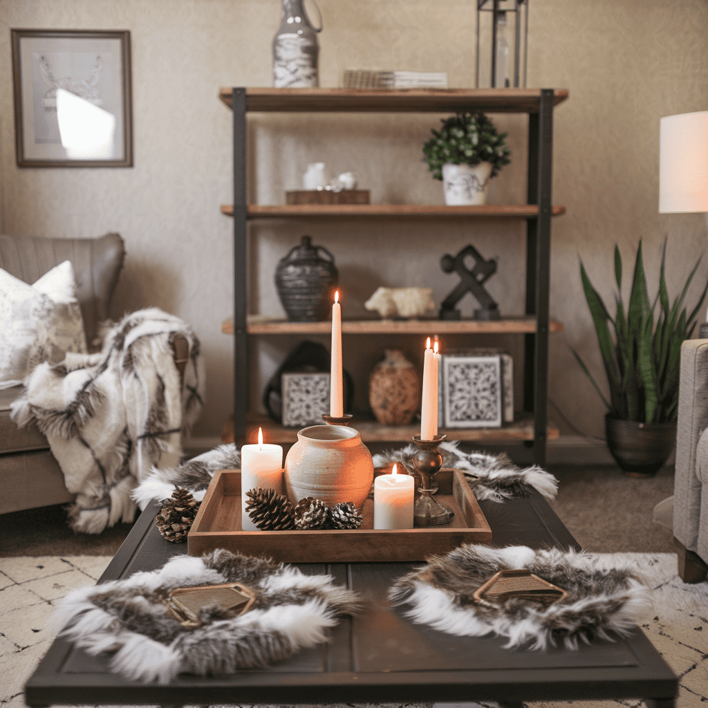 A coffee table with faux fur coasters and pine cones for a wintery touch.