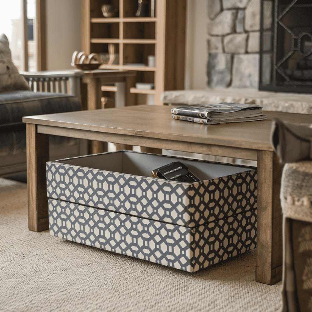 A living room with a coffee table featuring a chic organizing tray.