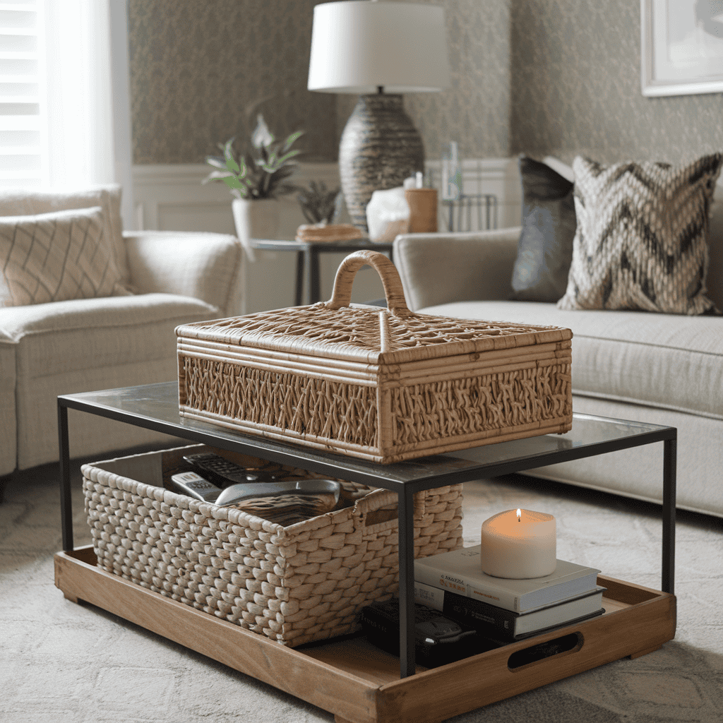 A stylish tray on a coffee table holding remote controls, coasters, and more.