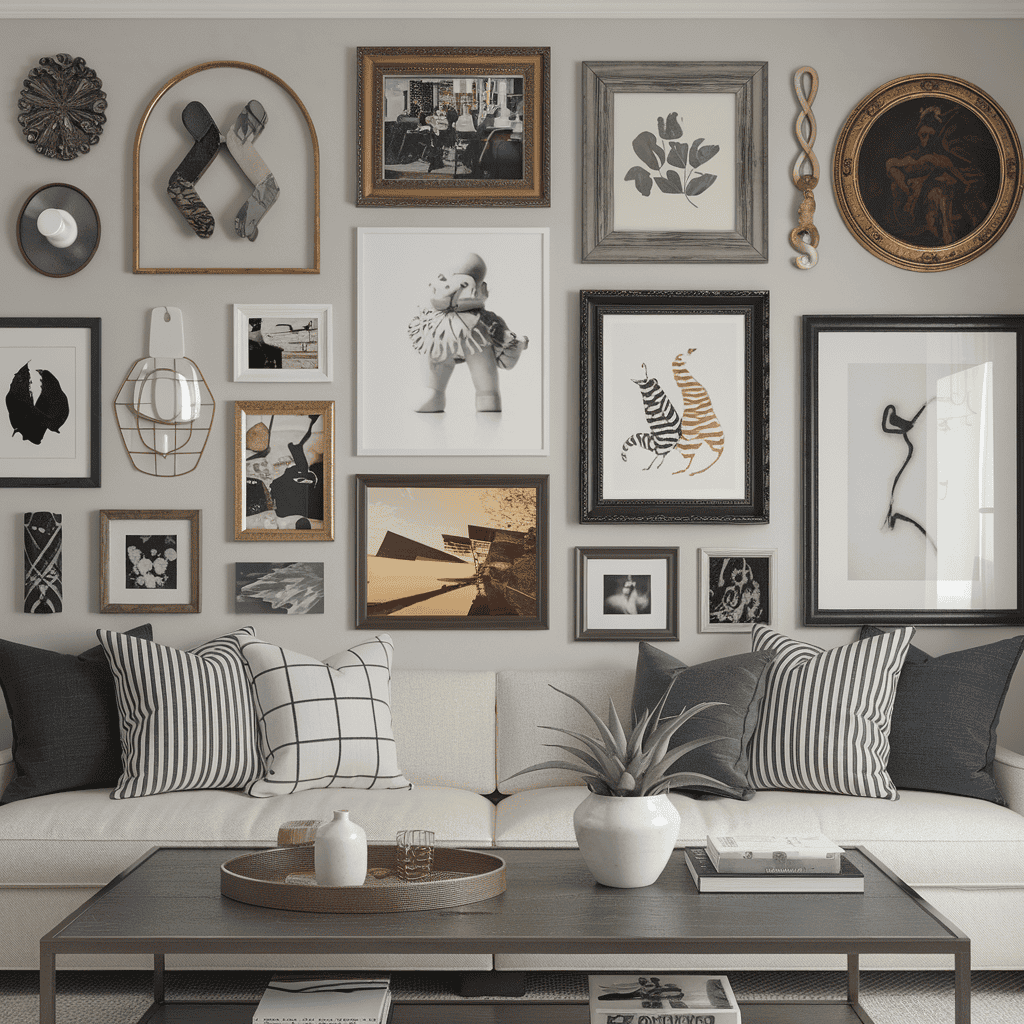 A coffee table set against a gallery wall filled with art and photos.