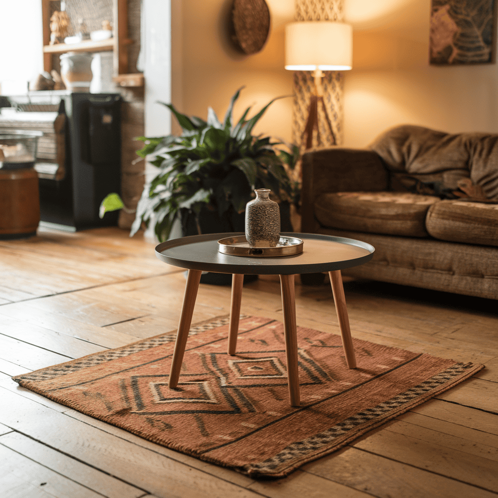 A coffee table on a small rug layered over a larger area rug.