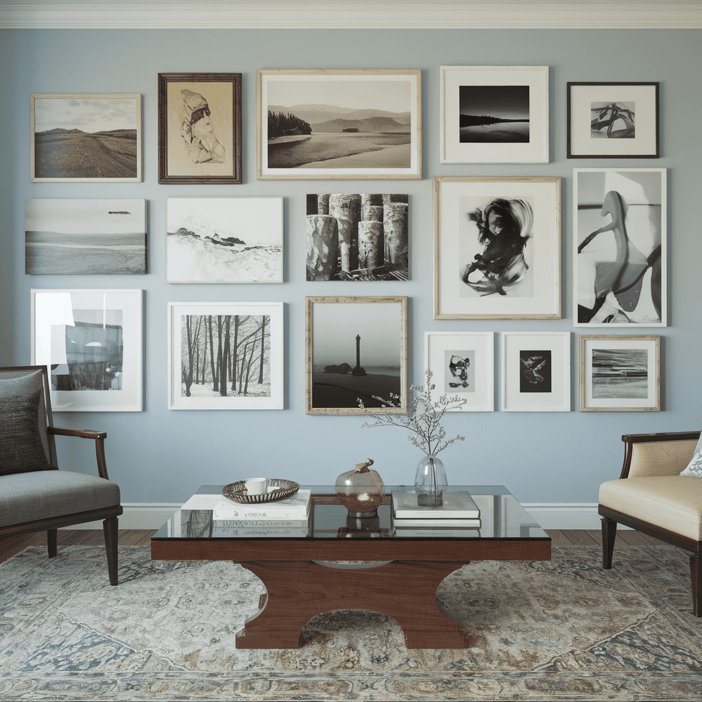 A stylish living room with a gallery wall as the backdrop to the coffee table.