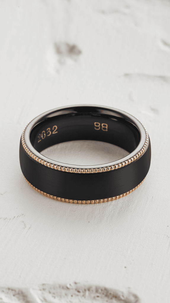 Sleek matte finish black wedding band showcasing a minimalist design.