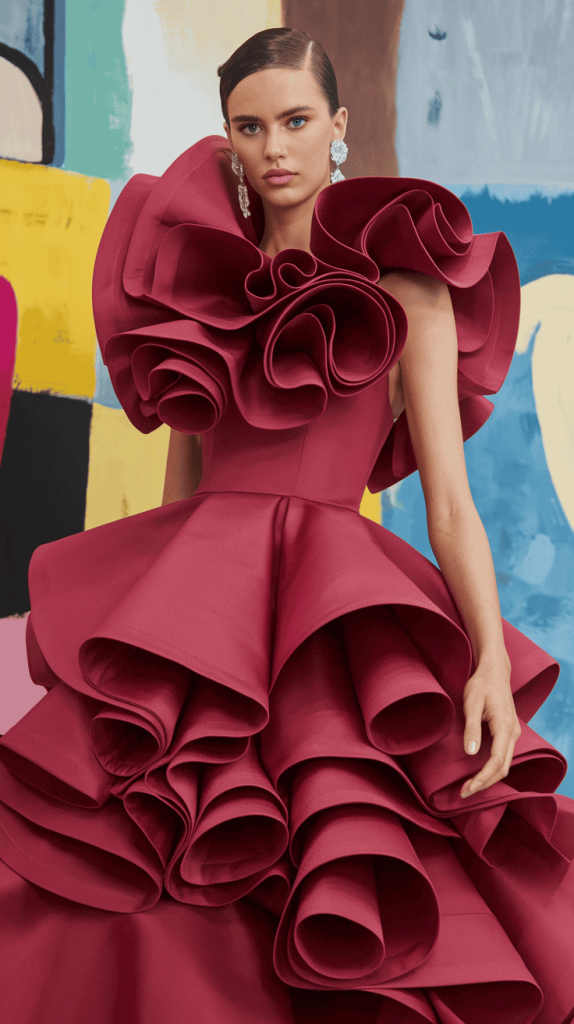 Statement-making dress with dramatic ruffled hem and deep V-neck