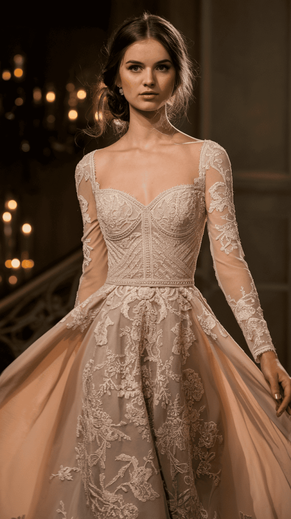 Sophisticated bateau neckline dress with a sweeping train