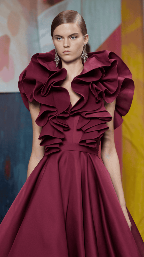 Vibrant red gown with daring side slit and one-shoulder neckline