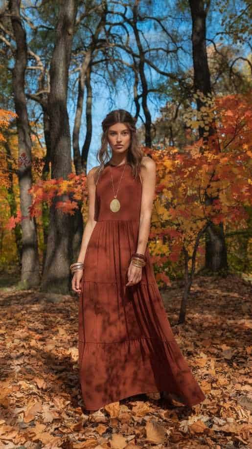 Chic rust maxi dress with bell sleeves, ideal for fall wedding guest attire