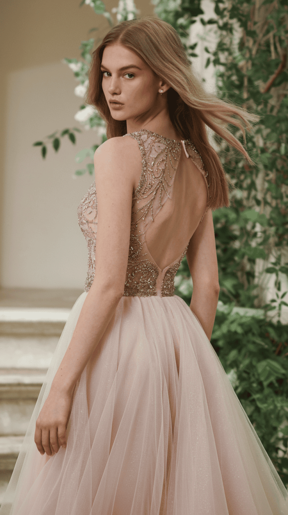 Vintage-inspired lace gown with a daring open back