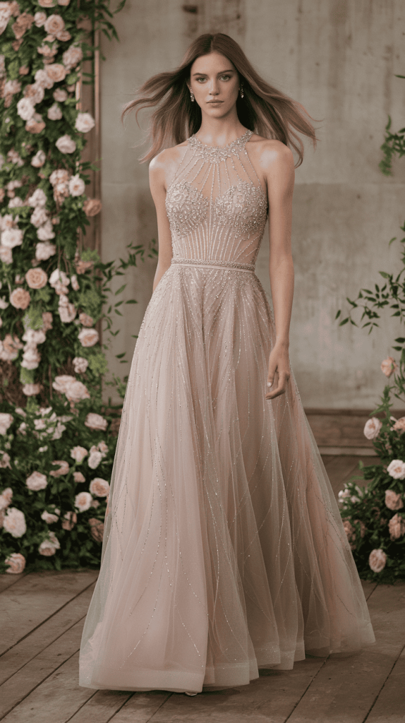 Off-the-shoulder ball gown with a modern slit