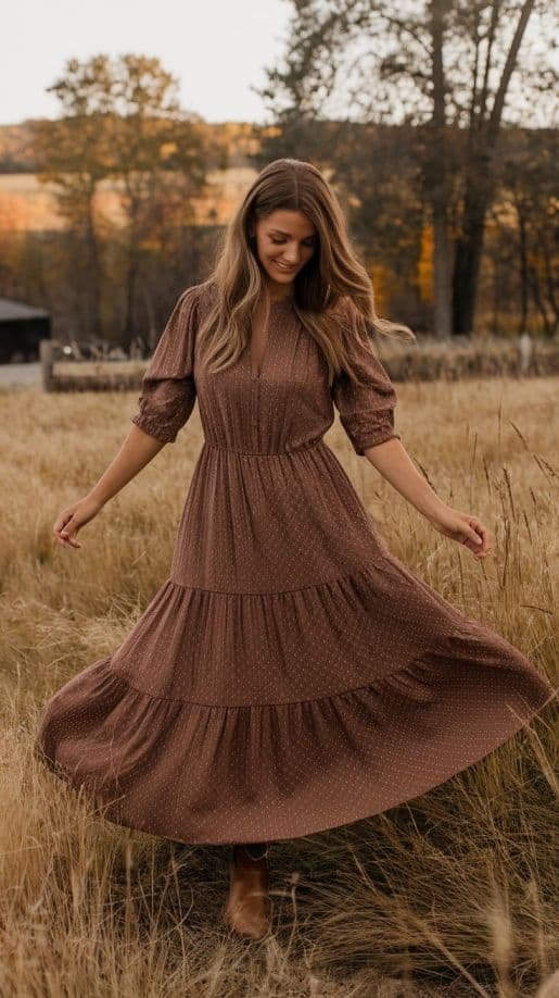 Espresso brown tiered dress, perfect for fashionable wedding guest dresses