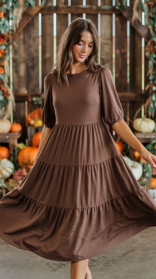 Chic tiered dress in espresso brown for stylish wedding guest outfits