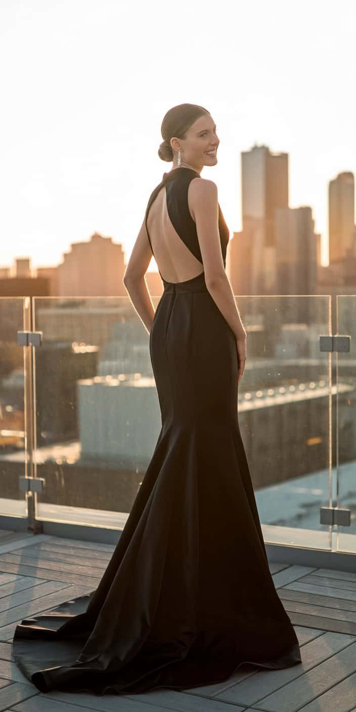 Elegant bride in a sleek black satin sheath wedding dress with a high neckline and open back.