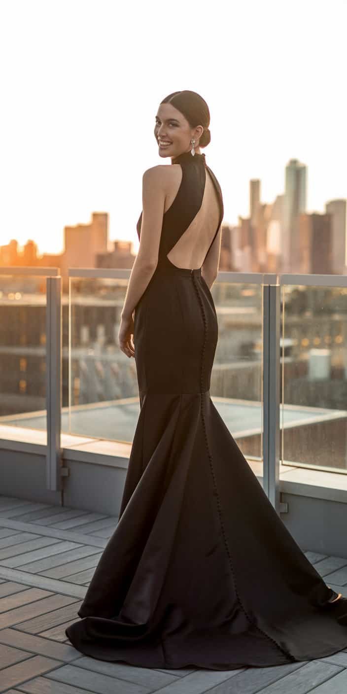 Black satin wedding gown with a tailored fit, perfect for rooftop ceremonies and modern weddings.