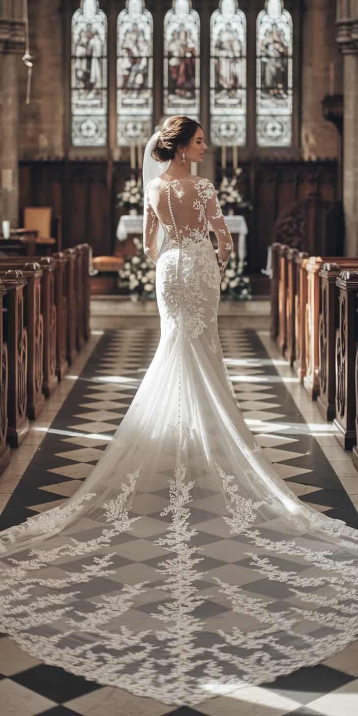 Timeless lace long sleeve wedding gown with detailed motifs and a flowing train, perfect for traditional ceremonies.