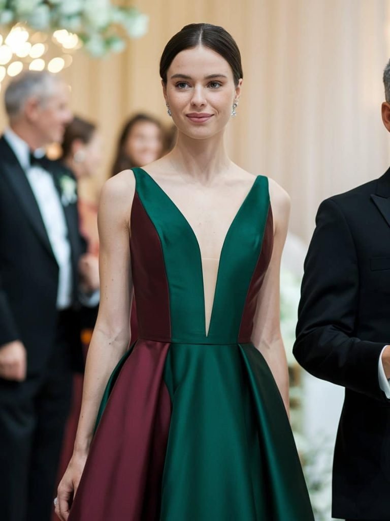 Black Tie Wedding Guest Dress in rich fabric with elegant A-Line design, ideal for making a statement.