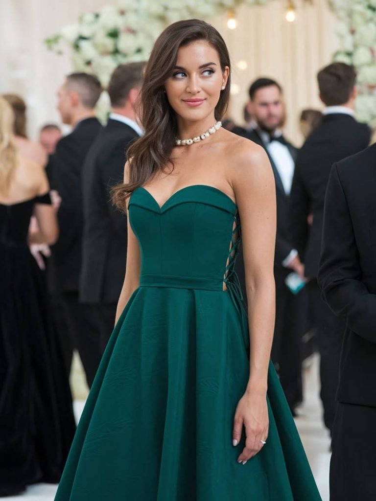 Elegant black A-Line dress epitomizing Black Tie Wedding Guest Dresses style at an evening wedding celebration.
