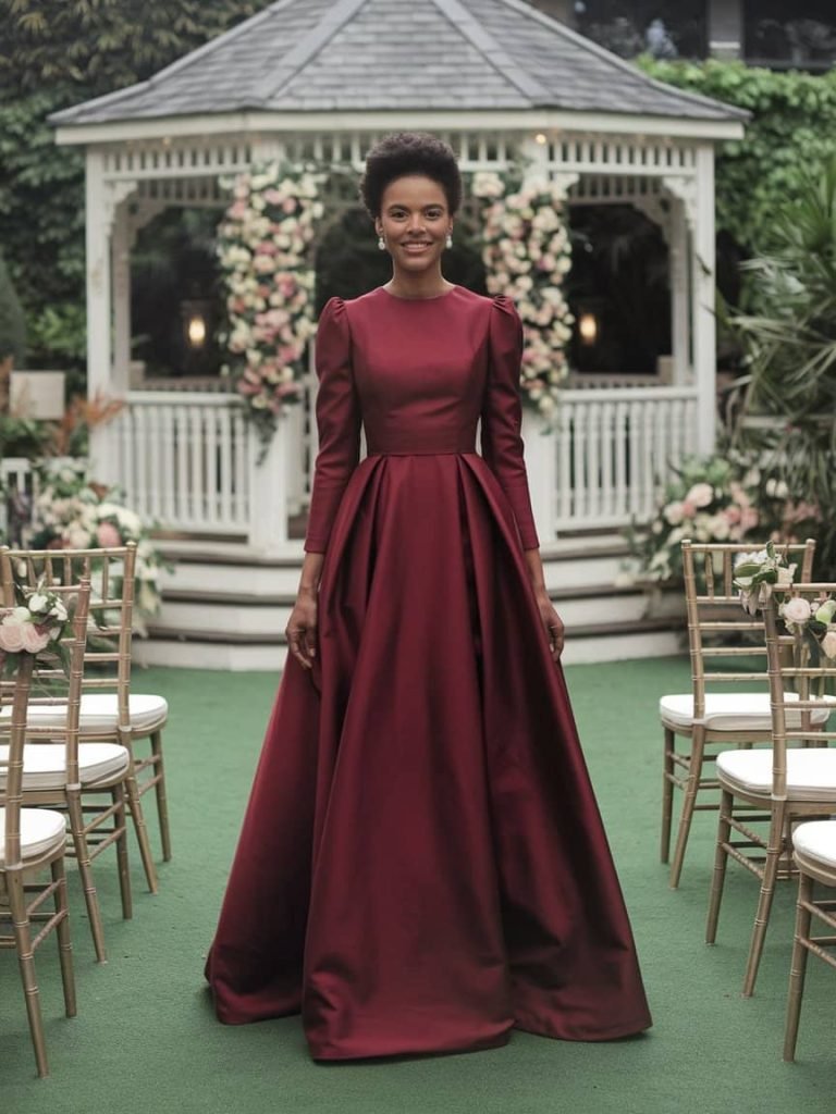 Striking Black Tie Wedding Guest Dress in an A-Line cut with a jewel-tone-like sheen adds sophistication.