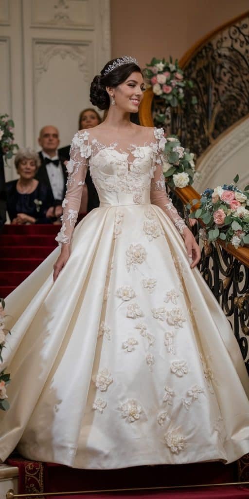 Stunning bride in a royal long sleeve wedding dress, stepping down a gilded staircase with elegance.
