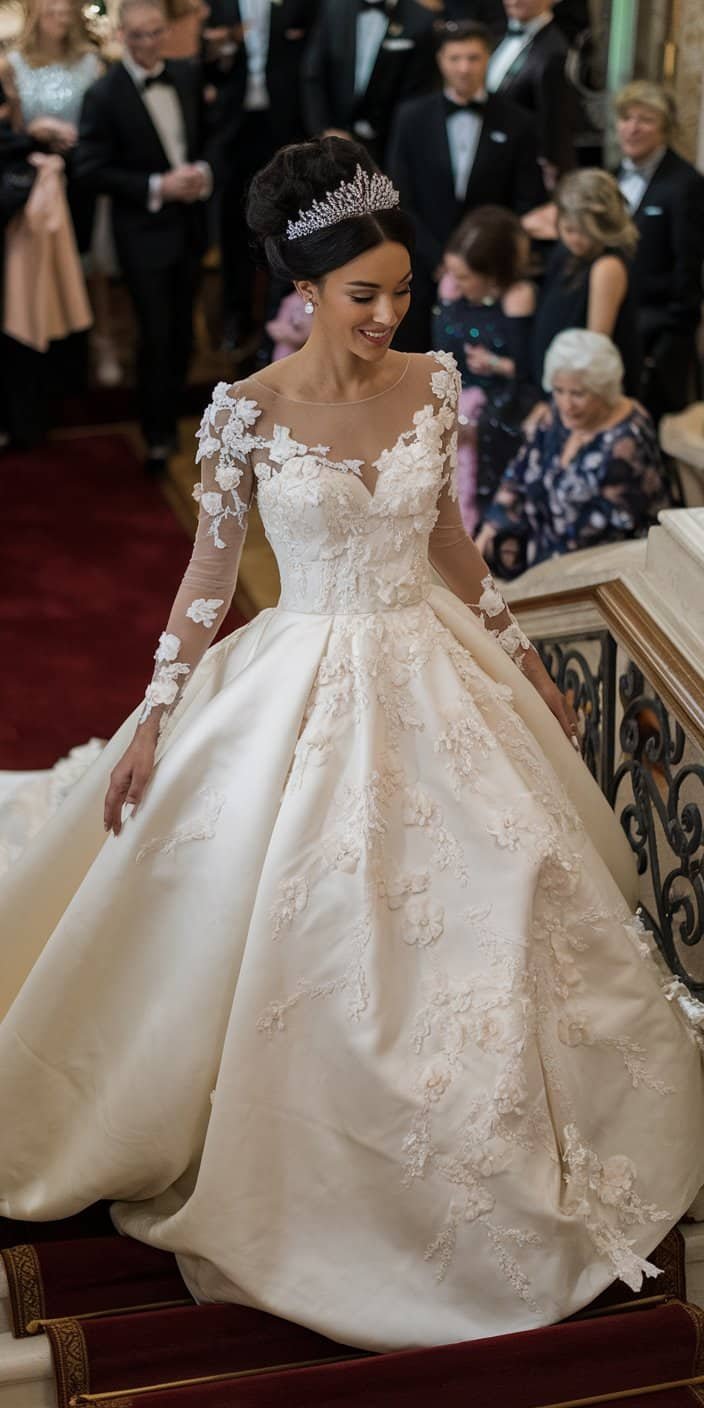 Regal bride in a royal-inspired long sleeve wedding dress with floral appliqués and a silk organza train.
