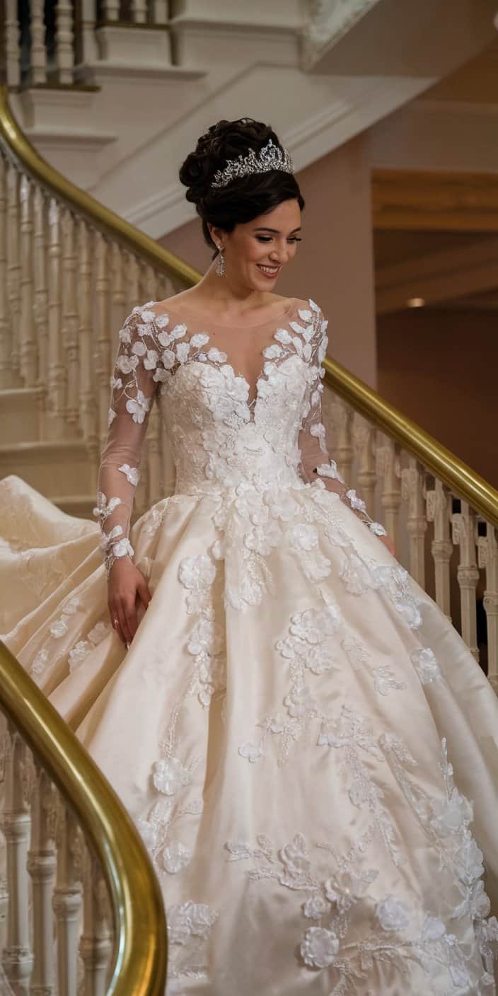 Luxurious long sleeve wedding gown with crystal embellishments and a grand ballroom setting.
