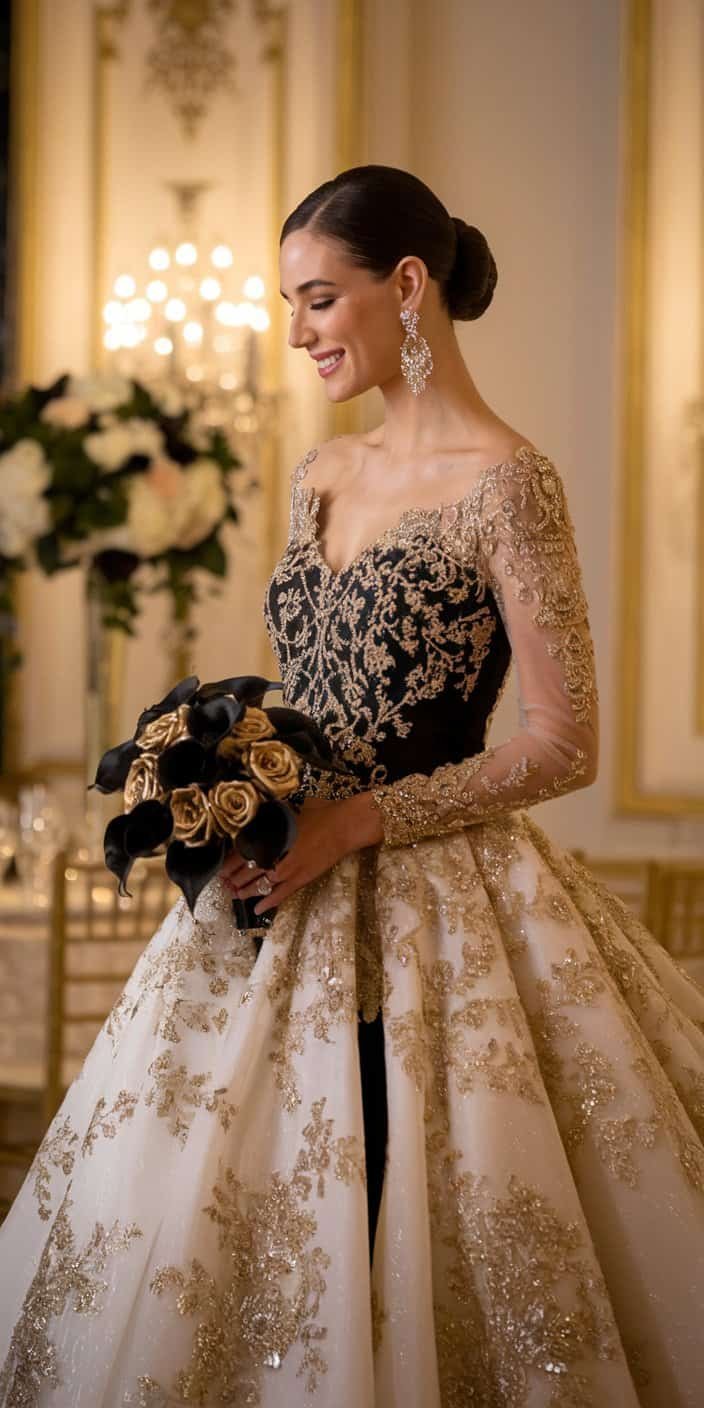 Regal bride in a black wedding dress with intricate gold embroidery and beadwork.