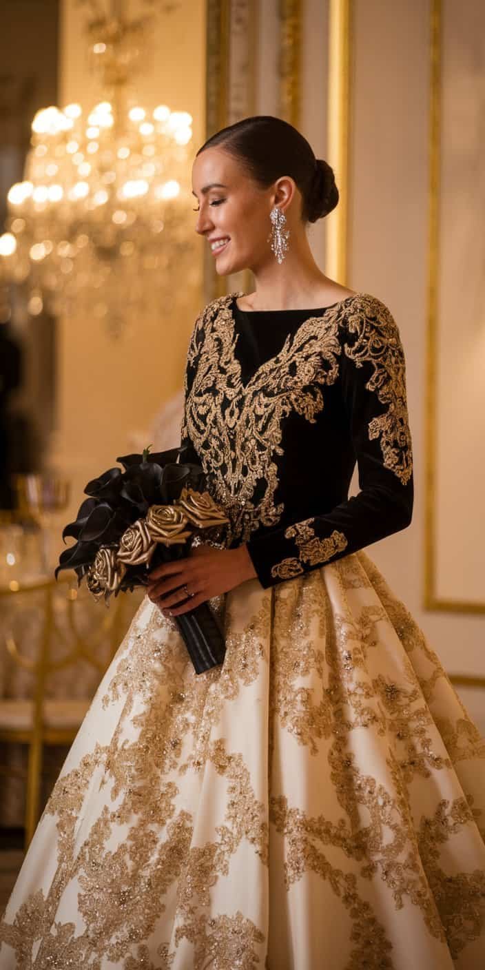 Close-up of gold detailing on a black wedding dress, ideal for glamorous weddings.