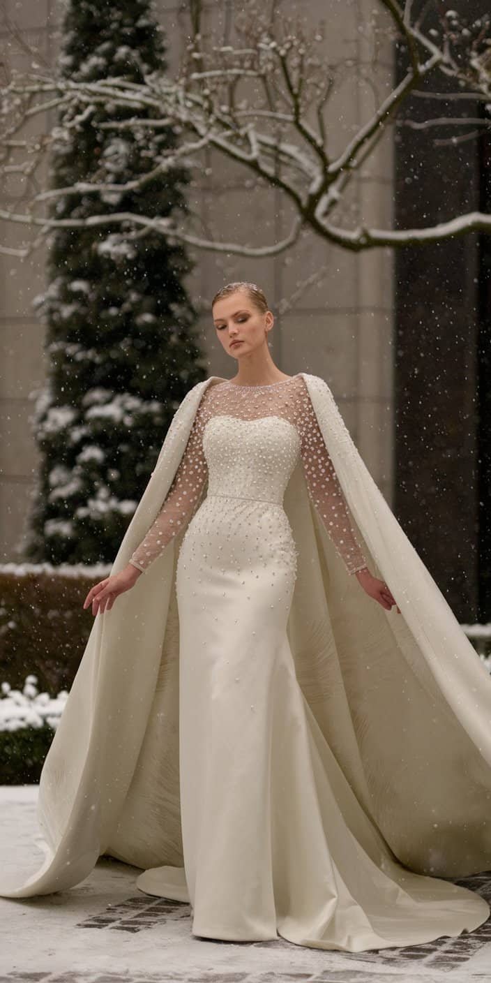 Elegant long sleeve wedding gown with a dramatic cape overlay, perfect for snowy celebrations.

